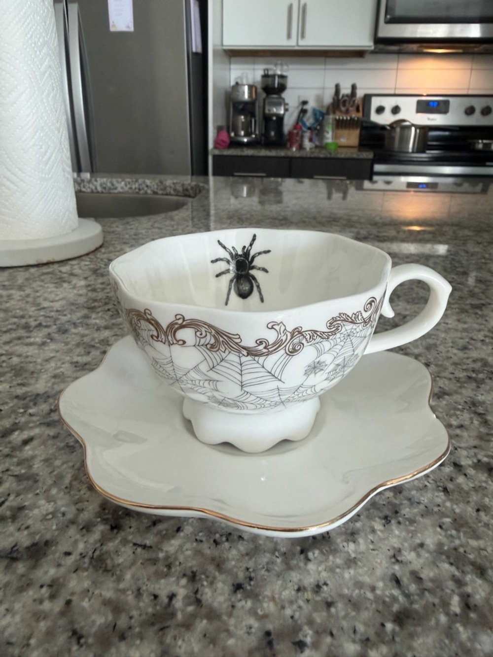 Halloween Teacup and Saucer with Black Spider Motif